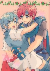 Rule 34 | 1boy, 1girl, armor, blue eyes, blue hair, blush, breastplate, cape, embarrassed, fingerless gloves, fire emblem, fire emblem: the binding blade, flat color, floral background, gloves, grin, hetero, highres, hug, looking at viewer, nintendo, pauldrons, red hair, roy (fire emblem), shanna (fire emblem), shoulder armor, simple background, smile
