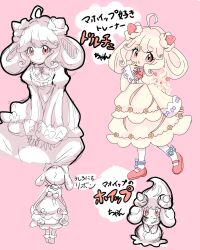 Rule 34 | 2girls, absurdres, ahoge, alcremie, alcremie (strawberry sweet), alcremie (vanilla cream), back bow, black outline, blonde hair, blue bow, blush, bow, bowtie, buttons, character name, child, closed mouth, clover, creatures (company), dress, female focus, flat chest, food-themed hair ornament, footwear bow, four-leaf clover, from behind, full body, game freak, gen 8 pokemon, hair ornament, hair rings, hand to own mouth, hand up, happy, heart, heart button, highres, humanization, japanese text, juliet sleeves, leg up, long sleeves, looking at another, looking at viewer, medium hair, meru (mer milky77), multiple girls, multiple views, nintendo, open mouth, outline, pantyhose, partially colored, pink background, pokemon, pokemon (creature), puffy sleeves, red bow, red bowtie, red eyes, red footwear, shoes, sidelocks, simple background, sketch, sleeves past wrists, smile, split mouth, standing, standing on one leg, strawberry hair ornament, striped, striped bow, translation request, white pantyhose, yellow dress