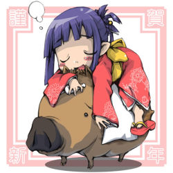 Rule 34 | 1girl, boar, closed eyes, ham (points), japanese clothes, kimono, lowres, new year, sandals, sleeping, solo, zouri