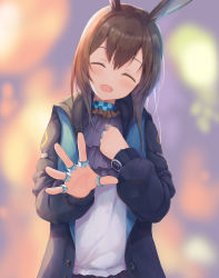 Rule 34 | 1girl, :d, ^ ^, amiya (arknights), animal ears, arknights, ascot, black coat, blue choker, blurry, blurry background, blush, brown hair, checkered choker, choker, closed eyes, coat, depth of field, facing viewer, hand on own chest, head tilt, highres, jewelry, kurai masaru, long hair, long sleeves, multiple rings, open clothes, open coat, open mouth, purple ascot, rabbit ears, ring, shirt, smile, solo, spread fingers, unbuttoned, upper body, white shirt