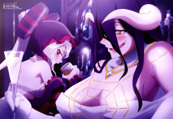 Rule 34 | 2girls, absurdres, albedo (overlord), alcohol, angry, black hair, blush, bottle, bra, breast envy, breast padding, breasts, breasts apart, cleavage, covered erect nipples, cup, demon girl, dress, drinking, drinking glass, fang, halterneck, highres, holding, holding cup, horns, indoors, large breasts, medium breasts, megami magazine, morishita yuuki, multiple girls, official art, open mouth, overlord (maruyama), ponytail, purple bra, red eyes, shalltear bloodfallen, silver hair, smile, underwear, white dress, wine, yellow eyes