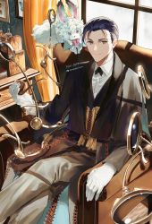 Rule 34 | 1boy, black hair, black pants, chair, closed mouth, collared shirt, commentary request, creature, facial hair, fate/grand order, fate (series), feet out of frame, formal, fou (fate), gloves, green eyes, highres, holding, holding smoking pipe, jacket, light particles, light smile, long sleeves, looking at viewer, magnifying glass, male focus, mege (megechan), pants, purple eyes, sherlock holmes (fate), shirt, short hair, sitting, smile, smoking pipe, solo, suit, sunlight, twitter username, white gloves, white shirt
