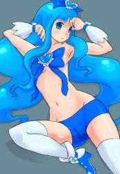 Rule 34 | 10s, 1girl, blue eyes, blue hair, blue theme, boots, brooch, censored, convenient censoring, cure marine, heart, heart brooch, heartcatch precure!, highres, jewelry, kurumi erika, long hair, magical girl, matching hair/eyes, okera, precure, ribbon, solo, thighhighs, topless, very long hair, white thighhighs, wrist cuffs