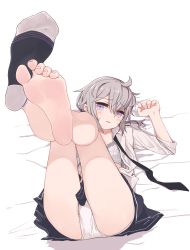Rule 34 | 1girl, absurdres, ass, bare legs, barefoot, bed sheet, black necktie, blue skirt, blush, breasts, collarbone, commentary request, embarrassed, eyelashes, feet, foot focus, foreshortening, from above, girls&#039; frontline, greek toe, grey hair, hair between eyes, head tilt, highres, kahlua (artist), legs, legs up, looking at viewer, lying, m200 (girls&#039; frontline), medium hair, miniskirt, necktie, no shoes, on back, open clothes, open shirt, panties, pantyshot, pleated skirt, purple eyes, shadow, shirt, single sock, skirt, small breasts, socks, soles, solo, thighs, toes, underwear, white background, white panties, white shirt