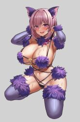 Rule 34 | 1girl, absurdres, animal ears, armpits, bikini, blush, bob cut, bow, breasts, chaldea logo, cleavage, fang, fate/grand order, fate (series), fur-trimmed sleeves, fur-trimmed thighhighs, fur bikini, fur collar, fur trim, grey background, highres, huge breasts, kneeling, looking at viewer, mash kyrielight, mash kyrielight (dangerous beast), navel, o-ring, o-ring bikini, onedoo, open mouth, pink bow, pulled by self, purple eyes, purple hair, purple sleeves, purple thighhighs, simple background, smile, solo, stomach, strap pull, sweat, swimsuit, thighhighs, thighs