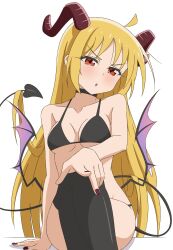 Rule 34 | 1girl, absurdres, ahoge, black bra, black choker, black panties, black thighhighs, blonde hair, blush, bocchi the rock!, bra, breasts, choker, commentary, demon girl, demon horns, demon tail, demon wings, highres, horns, ijichi seika, large breasts, long hair, looking at viewer, panties, red eyes, red nails, simple background, solo, tail, thighhighs, thundradrawings, underwear, v-shaped eyebrows, white background, wings