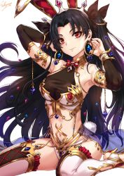 Rule 34 | 1girl, animal ears, arm up, armlet, armpits, bare shoulders, black hair, black ribbon, blue gemstone, blush, bow, bowtie, breasts, cleavage, detached collar, earrings, fake animal ears, fate/grand order, fate (series), gem, gold, gold trim, hair ribbon, hairband, hand up, head tilt, high heels, highres, hoop earrings, ishtar (fate), jewelry, leotard, light particles, long hair, looking at viewer, lots of jewelry, nail polish, neck ring, parted bangs, playboy bunny, purple gemstone, rabbit ears, rabbit tail, red eyes, red nails, ribbon, sakiyamama, see-through, signature, simple background, sitting, smile, solo, tail, thighhighs, toeless legwear, two side up, wariza, white background, white thighhighs, wrist cuffs