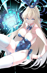 Rule 34 | 1girl, animal ears, black background, blonde hair, blue archive, blue bow, blue bowtie, blue eyes, blue hair, blue leotard, bow, bowtie, breasts, cleavage, collarbone, detached collar, fake animal ears, halo, highres, large breasts, leotard, long hair, looking at viewer, multicolored hair, official alternate costume, playboy bunny, rabbit ears, sdwing, sideboob, simple background, sitting, solo, thighhighs, toki (blue archive), toki (bunny) (blue archive), two-tone hair, white thighhighs
