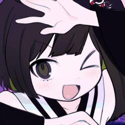 Rule 34 | 1boy, bare shoulders, black hair, brown eyes, detached sleeves, fuluola xiaoyao, green hair, indie virtual youtuber, light blush, one eye closed, open mouth, shirt, short hair with long locks, smile, tabinoki kanae, tabinoki kanae (1st costume), virtual youtuber, white shirt, youtube