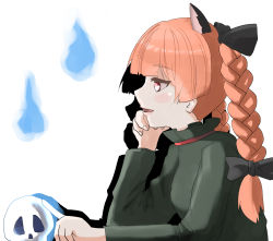 Rule 34 | 1girl, animal ears, ao-shiba, bad hands, bow, braid, cat ears, drop shadow, extra ears, from side, hair bow, kaenbyou rin, light smile, open mouth, profile, red eyes, red hair, skull, solo, touhou, twin braids