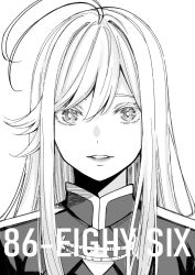 Rule 34 | 1girl, 86 -eightysix-, ahoge, capelet, copyright name, eyebrows hidden by hair, greyscale, highres, jacket, long hair, looking at viewer, military, military uniform, monochrome, parted lips, portrait, shinjou takuya, solo, uniform, vladilena millize, white background