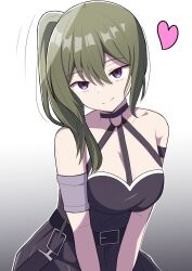 Rule 34 | 1girl, armlet, bare shoulders, belt, black belt, black choker, black dress, breasts, choker, cleavage, closed mouth, commentary request, cowboy shot, dress, green hair, grey background, hair between eyes, head tilt, heart, highres, hosinonana, large breasts, long hair, looking at viewer, motion lines, purple eyes, side ponytail, simple background, smile, solo, sousou no frieren, split mouth, straight hair, strapless, strapless dress, tsurime, ubel (sousou no frieren), upturned eyes, v arms, white background
