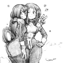 Rule 34 | 10s, 2girls, :p, ;), arm around shoulder, ass, asui tsuyu, bodysuit, boku no hero academia, boots, breasts, commentary, darren geers, frog girl, gloves, greyscale, heart, highres, hug, long hair, low-tied long hair, medium breasts, monochrome, monochrome, multiple girls, one eye closed, sketch, smile, spoken heart, thigh boots, thighhighs, tongue, tongue out, uraraka ochako, v