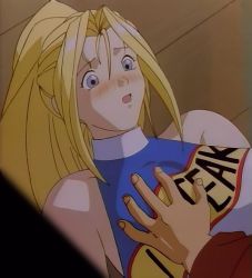 Rule 34 | 1990s (style), 1boy, 1girl, accident, bare shoulders, blonde hair, blue eyes, grabbing another&#039;s breast, breasts, grabbing, large breasts, lying, on back, ponytail, retro artstyle, sarah bryant, screencap, stitched, third-party edit, virtua fighter, yuki akira