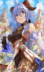 Rule 34 | 1girl, ahoge, bare shoulders, bell, black gloves, black leotard, blue hair, blush, bodystocking, bodysuit, breasts, brown pantyhose, chinese knot, detached sleeves, eating flower, flower, flower knot, ganyu (genshin impact), genshin impact, gloves, gold trim, groin, highres, holding, holding flower, horns, leotard, leotard under clothes, long hair, looking at viewer, medium breasts, mountain, nasubin (nasubisamurai15), neck bell, outdoors, pantyhose, petals in mouth, purple eyes, qingxin flower, sideboob, sidelocks, solo, tassel, thighlet, thighs, vision (genshin impact), white flower, white sleeves