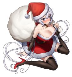 Rule 34 | 1girl, bell, black thighhighs, blush, breasts, christmas, cleavage, collar, collarbone, commentary request, from above, hair ornament, hair ribbon, hat, high heels, large breasts, long hair, looking at viewer, looking up, neck bell, open mouth, purple eyes, ribbon, santa costume, santa hat, senki zesshou symphogear, simple background, sitting, solo, thighhighs, tsukamoto kensuke, white background, white hair, yukine chris