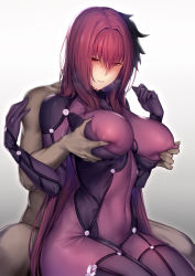 Rule 34 | 1boy, 1girl, blush, bodysuit, breasts, clothed female nude male, covered navel, dark-skinned male, dark skin, fate/grand order, fate (series), grabbing, grabbing another&#039;s breast, gradient background, grey background, hair between eyes, hair intakes, highres, hot breath, large breasts, long hair, lun7732, nipple stimulation, nipple tweak, nude, parted lips, purple hair, red eyes, scathach (fate), sitting, solo focus, thighs