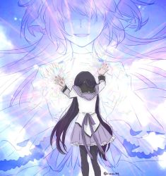 Rule 34 | 2girls, akemi homura, back bow, black hair, black pantyhose, blue sky, bow, capelet, choker, clothes lift, cloud, cloudy sky, double exposure, faceless, faceless female, facing away, feet out of frame, fingernails, floating hair, from behind, glowing, hand rest, hands up, head down, hiyo (jkly), kaname madoka, light particles, light rays, light smile, long hair, long sleeves, mahou shoujo madoka magica, mahou shoujo madoka magica (anime), multiple girls, no eyes, pantyhose, parted lips, pink hair, pleated skirt, purple bow, purple capelet, purple skirt, shirt, size difference, skirt, sky, solo focus, soul gem, sparkle, twitter username, two side up, ultimate madoka, very long hair, white shirt, wide sleeves