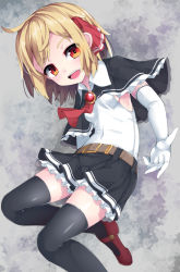 Rule 34 | 1girl, :d, alternate costume, belt, belt buckle, black capelet, black skirt, black thighhighs, blonde hair, breasts, brooch, brown belt, buckle, capelet, collared shirt, commentary request, elbow gloves, fang, frilled capelet, frilled skirt, frills, gem, gloves, hair ribbon, highres, jewelry, long hair, open mouth, red eyes, red footwear, red gemstone, red neckwear, red ribbon, ribbon, rumia, shirt, shoes, skirt, sleeveless, sleeveless shirt, small breasts, smile, solo, thighhighs, touhou, uumaru, v-shaped eyebrows, white gloves, white shirt