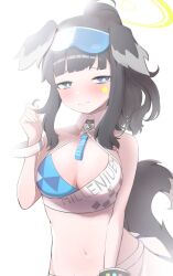 Rule 34 | 1girl, animal ears, black hair, blue archive, blue eyes, blush, breasts, character name, closed mouth, clothes writing, dog ears, dog girl, dog tail, erogomatinpo, goggles, goggles on head, twirling hair, halo, hibiki (blue archive), hibiki (cheer squad) (blue archive), highres, long hair, looking at viewer, medium breasts, ponytail, simple background, solo, star sticker, tail, white background, yellow nails