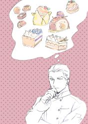 Rule 34 | 1boy, absurdres, boss (gindoro), cake, chef, food, gindoro, hair slicked back, highres, male focus, original, pink background, polka dot, polka dot background, purple background, simple background, solo, thinking, thought bubble, upper body