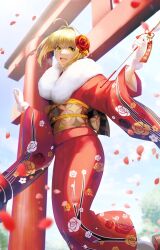 Rule 34 | 1girl, absurdres, ahoge, blonde hair, fate/grand order, fate (series), flower, fur collar, gloves, green eyes, hair flower, hair intakes, hair ornament, highres, japanese clothes, jumping, kankitsurui (house of citrus), kimono, looking to the side, nero claudius (fate), nero claudius (fate) (all), nero claudius (fate/extra), obi, petals, red kimono, rose, sash, solo, torii, wind