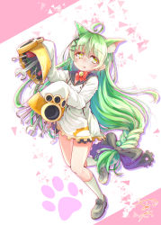 Rule 34 | 1girl, :3, ahoge, akashi (azur lane), animal ears, azur lane, bell, black ribbon, bow, braid, cat ears, cat tail, choker, commentary request, green eyes, green hair, hair bow, hair ornament, hair ribbon, hairpin, highres, long hair, looking at viewer, low-braided long hair, low-tied long hair, mole, mole under eye, nyonyonba tarou, parted lips, ribbon, ribbon choker, single braid, sleeves past wrists, smile, solo, standing, standing on one leg, tail, wrench