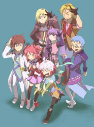 Rule 34 | 3girls, 4boys, \m/, asbel lhant, bad id, bad pixiv id, banana, blonde hair, blue background, blue hair, blue shirt, brothers, brown hair, cheria barnes, food, fruit, holding, holding food, holding fruit, hubert ozwell, malik caesars, multicolored hair, multiple boys, multiple girls, pascal (tales), pink hair, purple hair, purple skirt, red hair, richard (tales), sekigawa, shirt, siblings, skirt, sophie (tales), tales of (series), tales of graces, thighhighs, two-tone hair, two side up, white hair