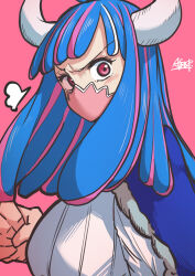 Rule 34 | 1girl, ahoge, aosora2823, blue cape, blue hair, blush, cape, clenched hand, covered mouth, curled horns, dinosaur girl, highres, horns, long hair, mask, mouth mask, multicolored hair, one piece, pink eyes, pink hair, pink mask, shirt, solo, streaked hair, ulti (one piece), white shirt