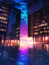 Rule 34 | absurdres, building, city, city lights, cloud, commentary request, evening, highres, lens flare, night, no humans, original, reflection, scenery, sky, skyscraper, smile (qd4nsvik), star (sky), starry sky, sunset, window
