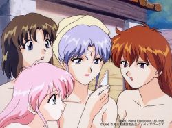 Rule 34 | 1990s (style), 1996, blue eyes, brown hair, copyright notice, dated, juliana (megami paradise), lilith (megami paradise), long hair, looking at object, megami paradise, nec corporation, nec home electronics, official art, onsen, outdoors, pink hair, purple hair, red hair, retro artstyle, rurubell, short hair, standing, staring, stashia, tagme, upper body, yoshizane akihiro