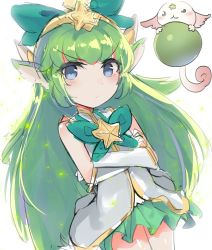Rule 34 | 1girl, blue eyes, child, chuchumi, elbow gloves, gloves, green hair, highres, league of legends, long hair, looking at viewer, lulu (league of legends), pointy ears, smile, solo, star guardian (league of legends), star guardian lulu, white gloves, yordle