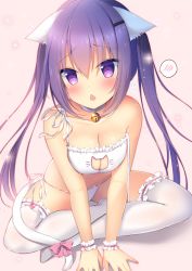 Rule 34 | 1girl, animal ears, bell, blush, bow, bra, breasts, cat cutout, cat ear panties, cat ears, cat lingerie, cat tail, chestnut mouth, choker, cleavage, cleavage cutout, clothing cutout, collarbone, fang, frilled bra, frilled cuffs, frilled thighhighs, frills, gochuumon wa usagi desu ka?, hair between eyes, hair ornament, hairclip, jingle bell, kemonomimi mode, long hair, looking at viewer, medium breasts, meme attire, neck bell, no shoes, open mouth, panties, pink bow, purple eyes, purple hair, shibainu niki, side-tie panties, simple background, sitting, solo, spoken blush, tail, tail bow, tail ornament, tedeza rize, thighhighs, twintails, underwear, underwear only, white bra, white choker, white panties, white thighhighs, wrist cuffs
