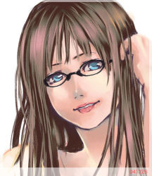 Rule 34 | 1girl, :p, bare shoulders, blue eyes, brown hair, glasses, long hair, solo, tongue, tongue out