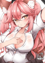Rule 34 | 10s, 1girl, absurdres, animal ear fluff, animal ears, blush, breasts, cellphone, chickenvomit, cleavage, collarbone, fate/extella, fate/extra, fate/grand order, fate (series), fox ears, fox tail, hand on own chest, highres, large breasts, long hair, looking at viewer, official alternate costume, open clothes, open shirt, phone, pink hair, reaching, reaching towards viewer, school uniform, selfie, shirt, simple background, smartphone, solo, sweat, tail, tamamo (fate), tamamo no mae (jk) (fate), twintails, white background, white shirt, yellow eyes