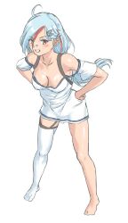 Rule 34 | 1girl, azur lane, bare legs, bare shoulders, blue hair, blush, breasts, cleavage, clenched hand, commentary request, covered erect nipples, downes (azur lane), full body, garter straps, grin, hair between eyes, hair ornament, hairclip, hands on own hips, highres, leaning forward, legs apart, long hair, medium breasts, mole, mole under eye, multicolored hair, no bra, off-shoulder shirt, off shoulder, ponytail, red eyes, red hair, shima080, shirt, short sleeves, single bare leg, single thighhigh, smile, solo, standing, streaked hair, thighhighs, thighs, two-tone hair, very long hair, white hair, white shirt, x hair ornament