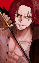 Rule 34 | 1boy, abs, absurdres, facial hair, grin, highres, holding, holding sword, holding weapon, looking at viewer, male focus, mature male, one piece, red hair, scar, scar across eye, shanks (one piece), short hair, smile, solo, stubble, sword, toned, toned male, upper body, weapon, yadu nadu