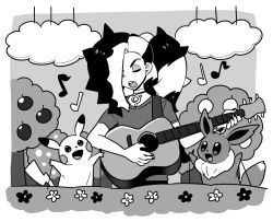Rule 34 | 1boy, closed eyes, cloud, creatures (company), dede (qwea 00000), eevee, flower, game freak, gen 1 pokemon, greyscale, guitar, hair over one eye, instrument, monochrome, multicolored hair, music, musical note, nail polish, nintendo, open mouth, pendant choker, piers (pokemon), pikachu, pokemon, pokemon swsh, puppet, puppet strings, shirt, smile, tree, two-tone hair