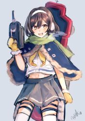 Rule 34 | &gt;:d, 1girl, bad id, bad twitter id, black hair, blouse, blue capelet, capelet, earmuffs, fur-trimmed mittens, fur trim, green scarf, grey background, grey skirt, hairband, highres, holding, holding turret, kantai collection, looking at viewer, machinery, midriff, mittens, miyako (rgrayt), navel, pleated skirt, remodel (kantai collection), scarf, school uniform, serafuku, shirt, short hair, signature, simple background, skirt, solo, tanikaze (kancolle), thighhighs, turret, v-shaped eyebrows, white hairband, white shirt, white thighhighs, yellow mittens