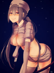 Rule 34 | 1girl, absurdres, arrow (projectile), at2., blush, bow (weapon), breasts, cleavage, elbow gloves, gloves, grey gloves, grey hair, grey thighhighs, hair between eyes, half-closed eyes, hat, highres, large breasts, long hair, looking at viewer, midriff, minecraft, personification, ponytail, shorts, simple background, skeleton (minecraft), smile, solo, thighhighs, weapon