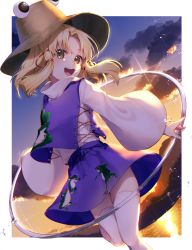 Rule 34 | 1girl, :d, animal print, blonde hair, border, brown hat, cloud, commentary request, diffraction spikes, dutch angle, flat chest, foot out of frame, frog print, glint, hat, head tilt, highres, jill 07km, leg up, long sleeves, looking at viewer, medium hair, moriya suwako, open mouth, outside border, parted bangs, purple skirt, purple vest, pyonta, shirt, sidelocks, signature, skirt, sky, smile, solo, standing, teeth, thighhighs, touhou, turtleneck, twilight, twisted torso, upper teeth only, vest, water, white shirt, white thighhighs, wide sleeves, yellow eyes, zettai ryouiki