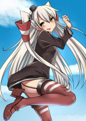 Rule 34 | 10s, 1girl, amatsukaze (kancolle), arm up, ass, bad id, bad pixiv id, blonde hair, blue sky, brown eyes, day, dress, from behind, garter straps, hair tubes, hairband, high heels, kantai collection, long hair, long sleeves, looking at viewer, looking back, open mouth, sailor dress, sky, smile, solo, striped clothes, striped thighhighs, thighhighs, thighs, twintails, two side up, yoiyoi (kannkann100)