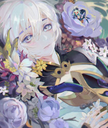 Rule 34 | 2boys, bishounen, blue flower, blush, chinese clothes, chinese commentary, cidacc, closed mouth, colored eyelashes, commentary request, fate/grand order, fate (series), flower, gem, gold trim, grey eyes, grey hair, hair between eyes, highres, holding, horned mask, long sleeves, looking at viewer, magatama, male focus, mask, unworn mask, multiple boys, prince of lan ling (fate), purple flower, purple gemstone, red flower, shi huang di (fate), shirt, short hair, solo focus, upper body, white flower, yellow flower