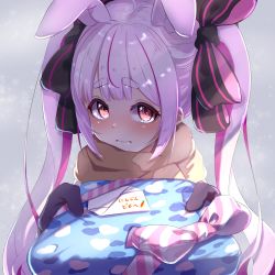 Rule 34 | 1girl, animal ears, blush, box, commentary, eyelashes, gift, gift box, gloves, hair ribbon, highres, holding, holding gift, incoming gift, indie virtual youtuber, large ribbon, long hair, looking at viewer, multicolored hair, omochi art753, pink hair, rabbit ears, ribbon, scarf, short eyebrows, shy, solo, tomari mari, twintails, two-tone hair, valentine, virtual youtuber, wavy mouth