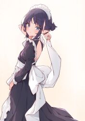 Rule 34 | 1girl, absurdres, airenif, apron, backless outfit, black dress, blue eyes, blush, closed mouth, dress, frilled apron, frills, hair bun, highres, hololive, hololive english, looking at viewer, maid, maid apron, maid headdress, mole, mole under eye, ninomae ina&#039;nis, puffy sleeves, simple background, takodachi (ninomae ina&#039;nis), virtual youtuber, waist apron, white apron, white background