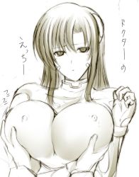 Rule 34 | 00s, 1girl, grabbing another&#039;s breast, breasts, cleavage, covered erect nipples, gloves, grabbing, hagane soushi, huge breasts, lyrical nanoha, mahou shoujo lyrical nanoha, mahou shoujo lyrical nanoha strikers, monochrome, nipples, numbers (nanoha), sketch, solo focus, translated, uno (nanoha)