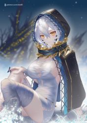 Rule 34 | 1girl, bandaged leg, bandages, black cloak, breasts, cleavage, cloak, closed mouth, code vein, commentary, dmith, dress, english commentary, flower, hair between eyes, hood, hood up, hooded cloak, io (code vein), large breasts, looking at viewer, outdoors, patreon username, plant, short dress, short hair, sideboob, sitting, sleeveless, sleeveless dress, snow, snowing, solo, thighhighs, torn clothes, torn dress, white dress, white flower, white hair, yellow eyes