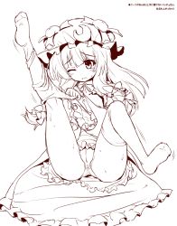Rule 34 | 1girl, betei, changing clothes, crescent, crescent hair ornament, hair ornament, hat, long hair, mob cap, monochrome, one eye closed, panties, patchouli knowledge, solo, sweat, thighhighs, touhou, underwear, undone