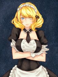 Rule 34 | 1girl, alternate costume, apron, bad id, bad pixiv id, blonde hair, blue eyes, breasts, cowboy shot, crossed arms, detached collar, enmaided, er lingling, gloves, heterochromia, large breasts, maid, maid apron, necktie, renown (warship girls r), short hair, solo, warship girls r, yellow eyes