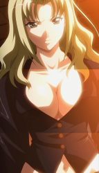 Rule 34 | 1girl, angry, blonde hair, breasts, cleavage, green eyes, helter skelter, jacket, kagami fubuki, large breasts, screencap, stitched, third-party edit